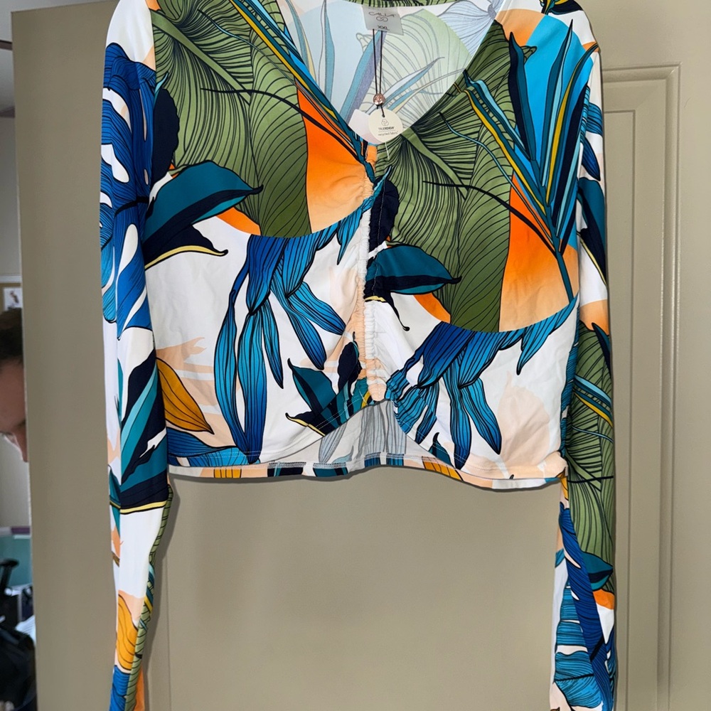 CALIA by Carrie Underwood Tropical Leaf Print Rashgaurd swim shirt UPF50